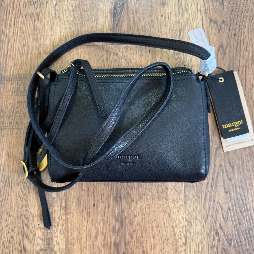 MARGOT Black Pebbled Leather Shoulder Bag Gold Hardware Adjustable Strap Classic